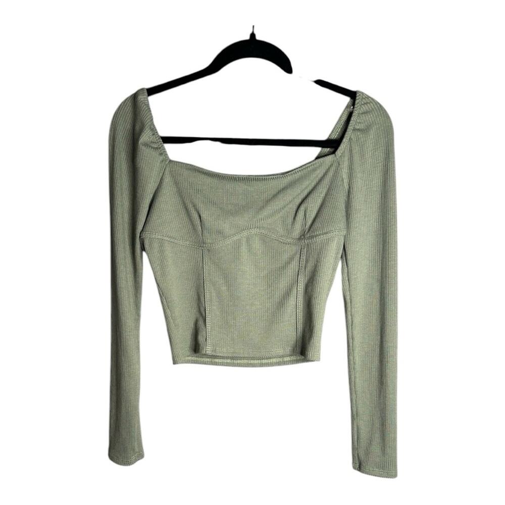 Lush Olive Green Ribbed Long Sleeve Top Sweetheart Neckline Small